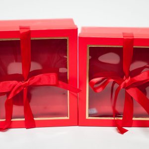 W9571red Red Square Flower Boxes With Window and Ribbon Set of 2