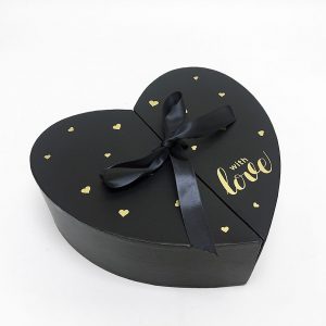 w6876 Black Heart Shape Flower Box with Ribbon Opens From Middle Nested Heart