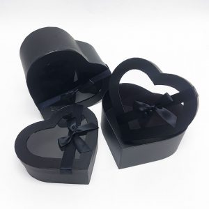 W7404 Black Heart Shape Flower Boxes Set of 3 With Ribbon