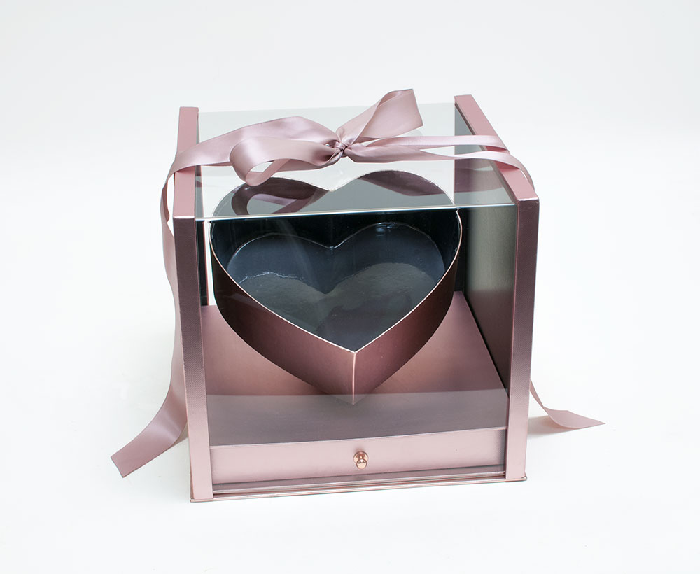 Rose Gold Acrylic Flower Box with Drawer and Ribbon