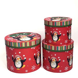 W7825 Red Round Penguins Christmas Flower Boxes Set of 3