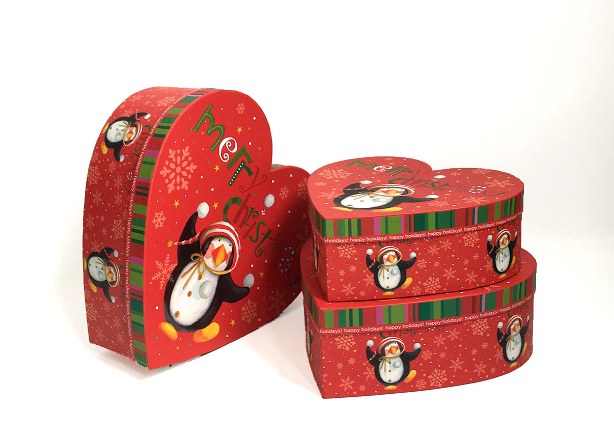 Red Christmas Penguins Heart Shape Flower Boxes