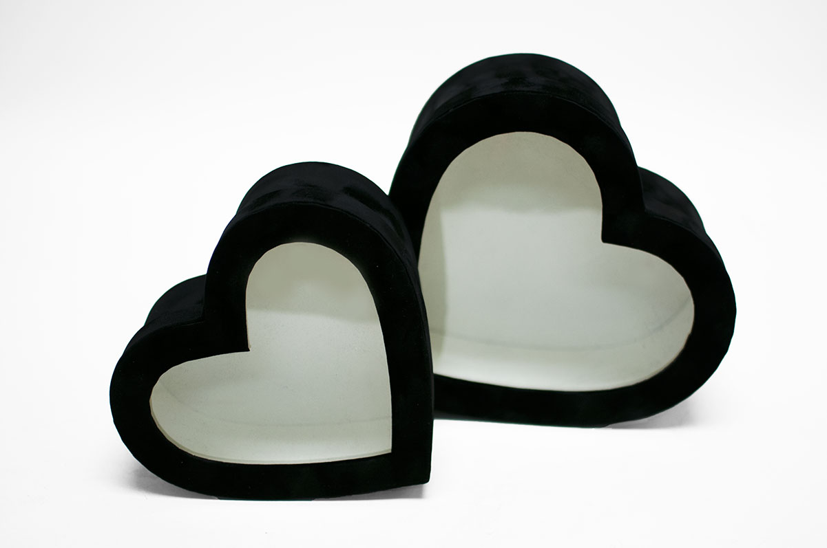 w7758 Black Velvet Heart Shaped Flower Box with Window Set of 2