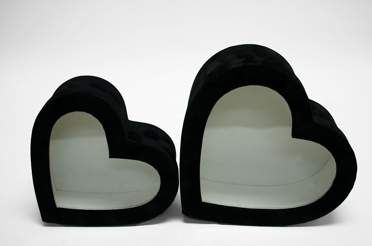 w7758 Black Velvet Heart Shaped Flower Box with Window Set of 2