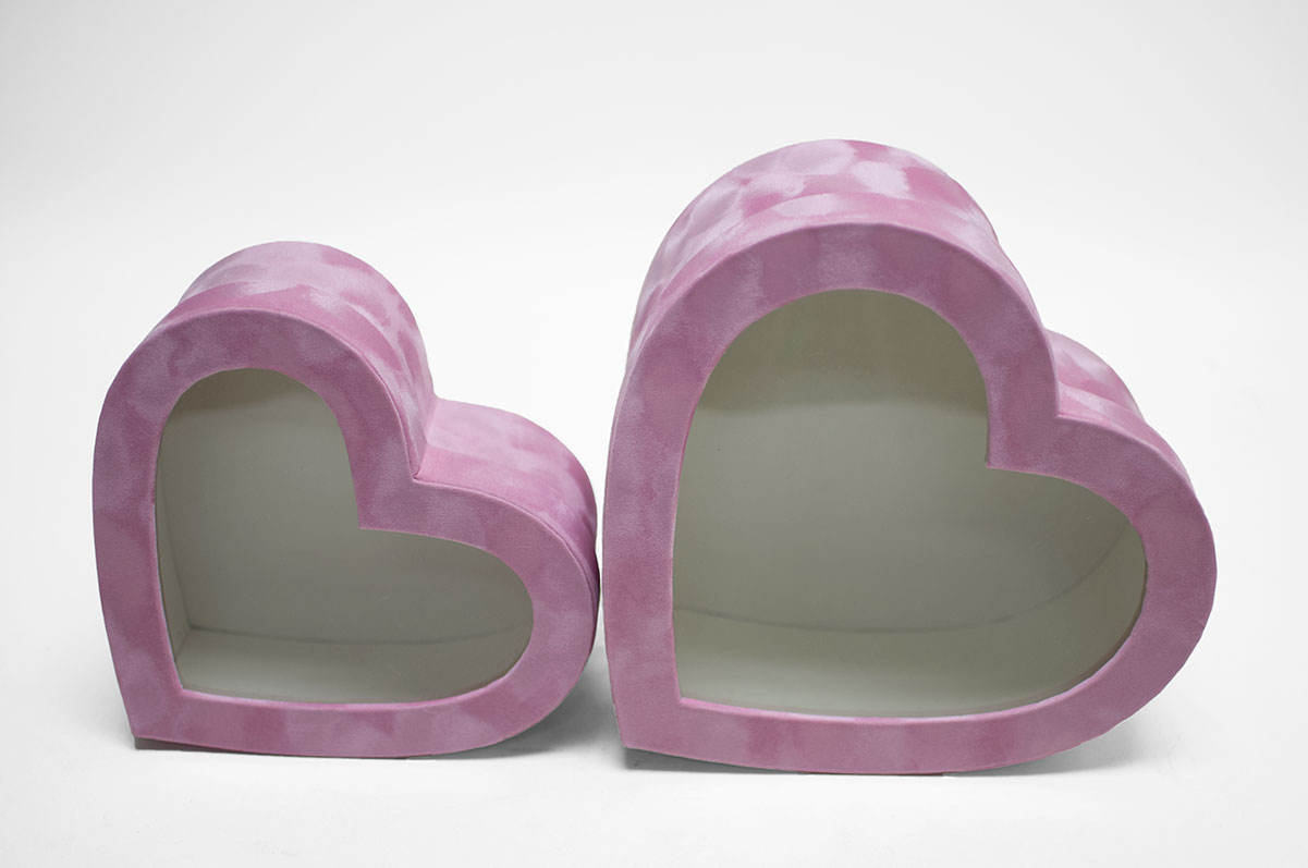 w7760 Pink Velvet Heart Shaped Flower Box with Window Set of 2
