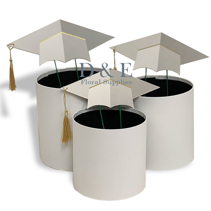 Set of 3 White Graduation Round Flower Box with Cap