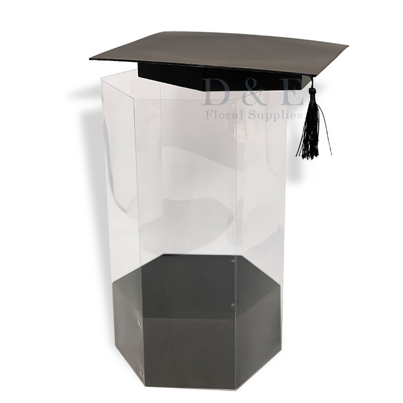 Exclusive Large Black Graduation Hat Hexagon Transparent Flower Box